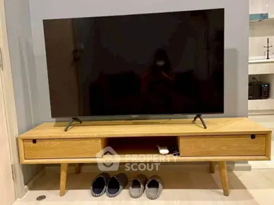 Modern living room with sleek TV stand and flat-screen TV, showcasing minimalist design and cozy ambiance.