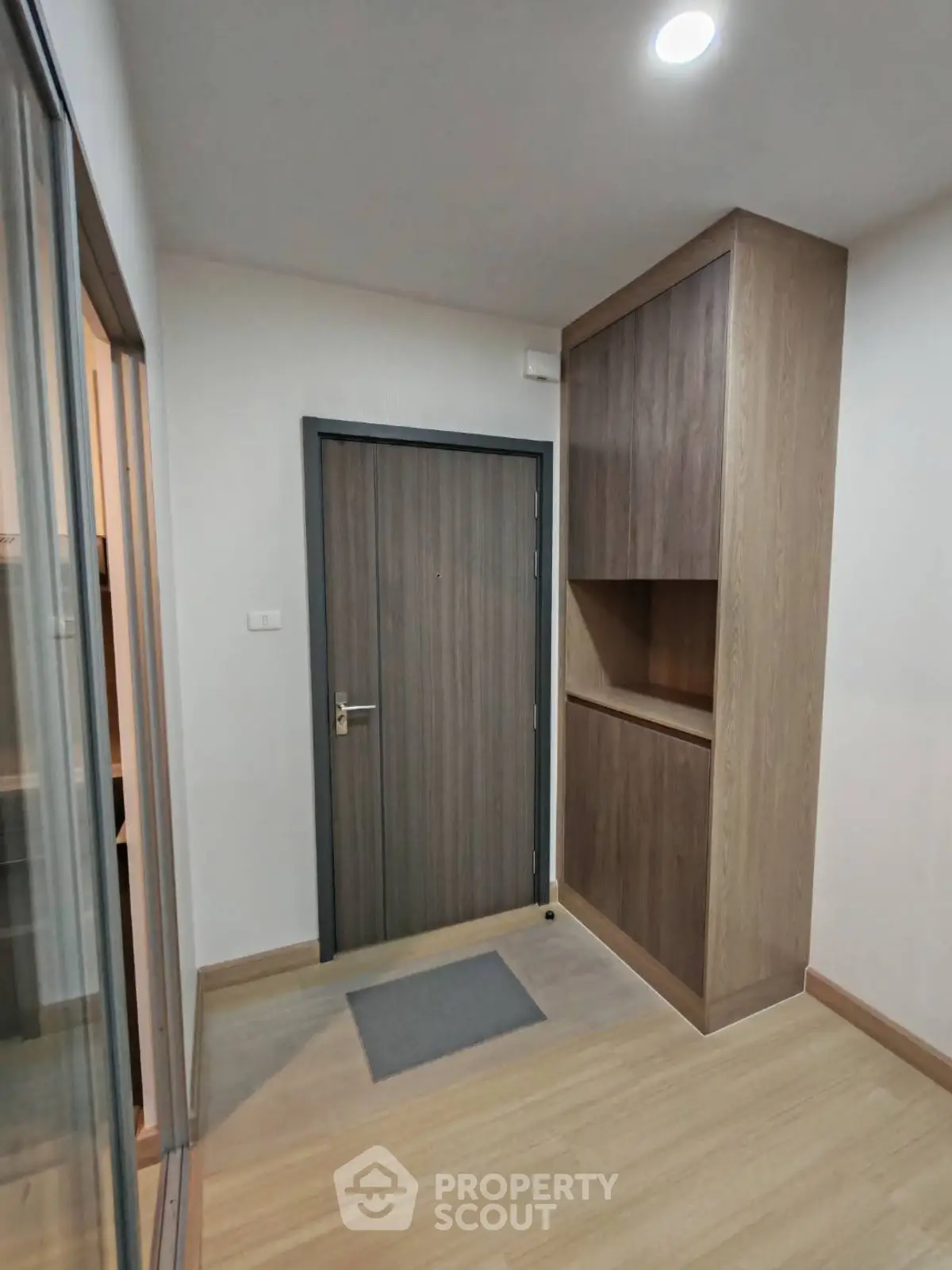 Modern entryway with wooden door and built-in storage