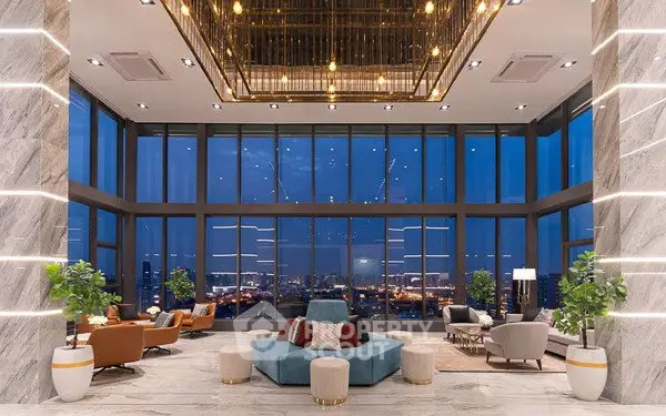 Luxurious living room with panoramic city views and elegant decor