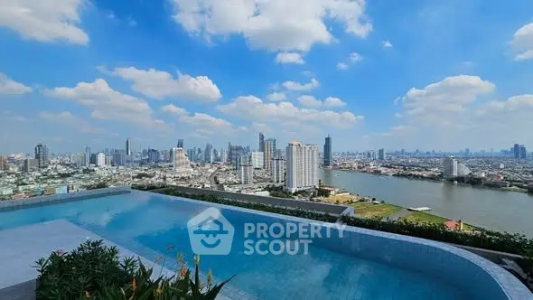 Stunning rooftop pool with panoramic city skyline and river view, perfect for luxury urban living.
