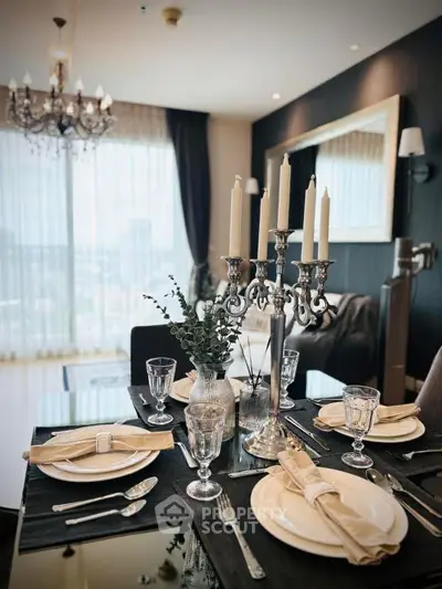 Elegant dining area with chandelier and city view, perfect for sophisticated living.