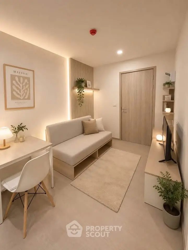 Modern minimalist living room with cozy sofa, stylish decor, and warm lighting.