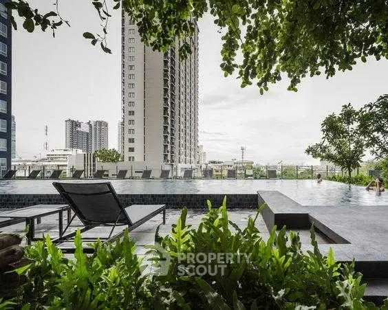 Luxurious rooftop pool with city skyline view and lush greenery