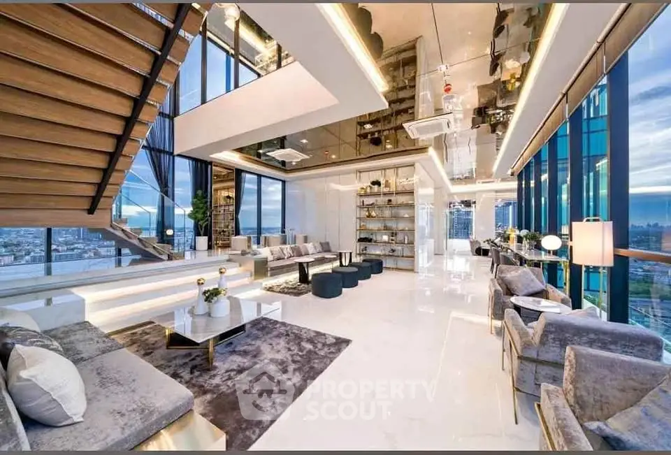 Luxurious modern living room with panoramic city views and elegant decor