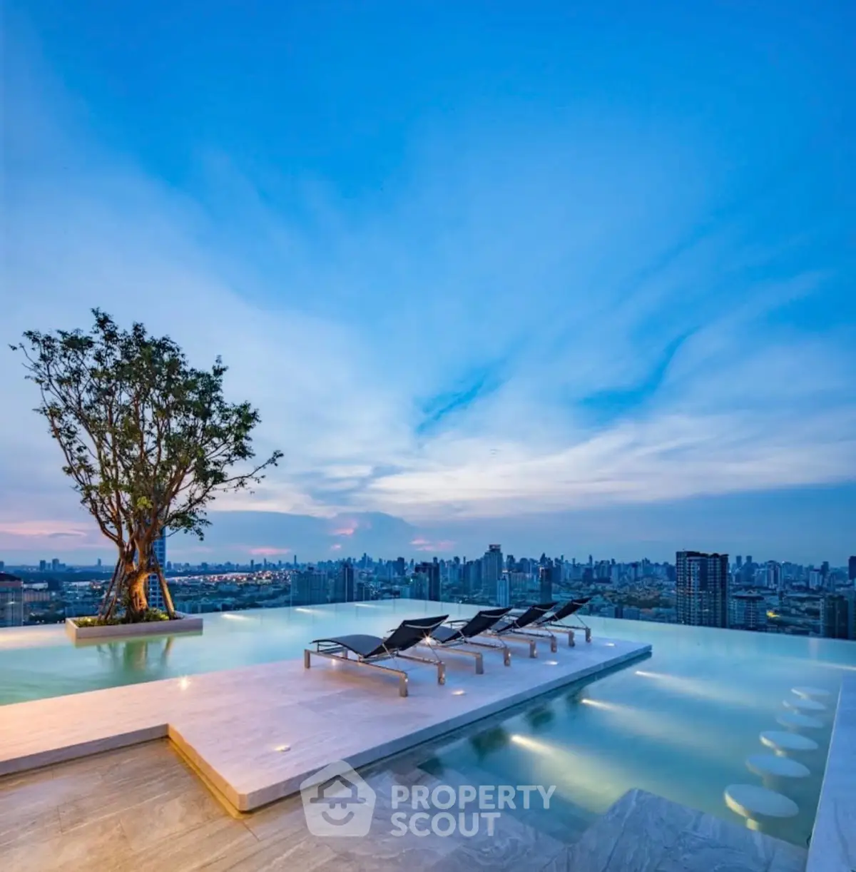 Luxurious rooftop infinity pool with stunning city skyline view at sunset.