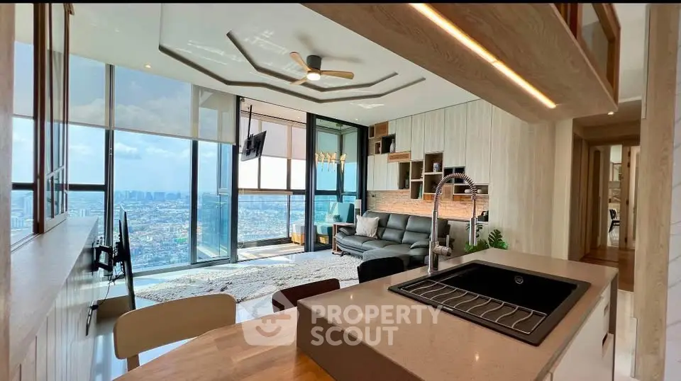 Luxurious modern living room with panoramic city view and stylish open kitchen