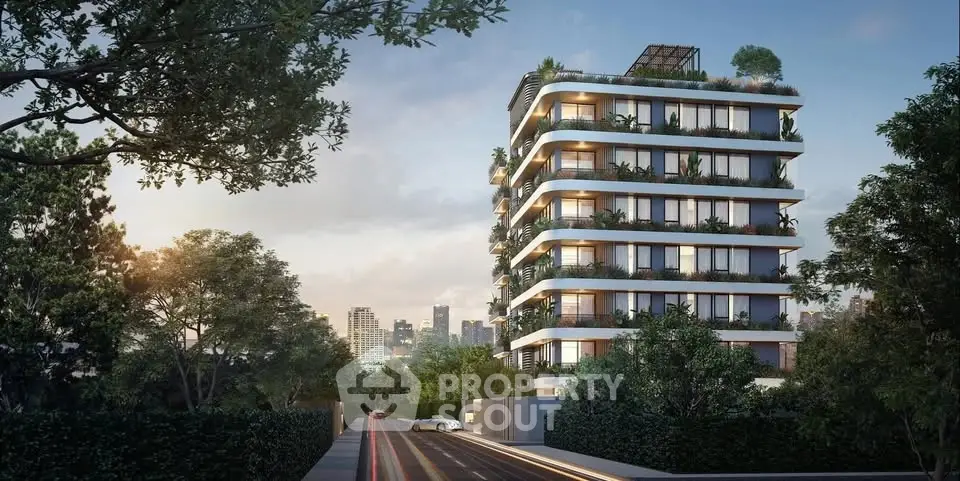 Modern luxury apartment building with lush greenery and city skyline view
