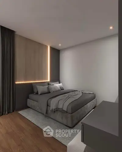 Modern minimalist bedroom with cozy lighting and sleek design