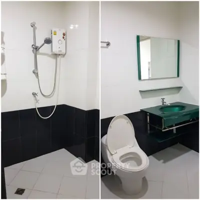Modern bathroom with shower and sleek fixtures in a contemporary apartment.