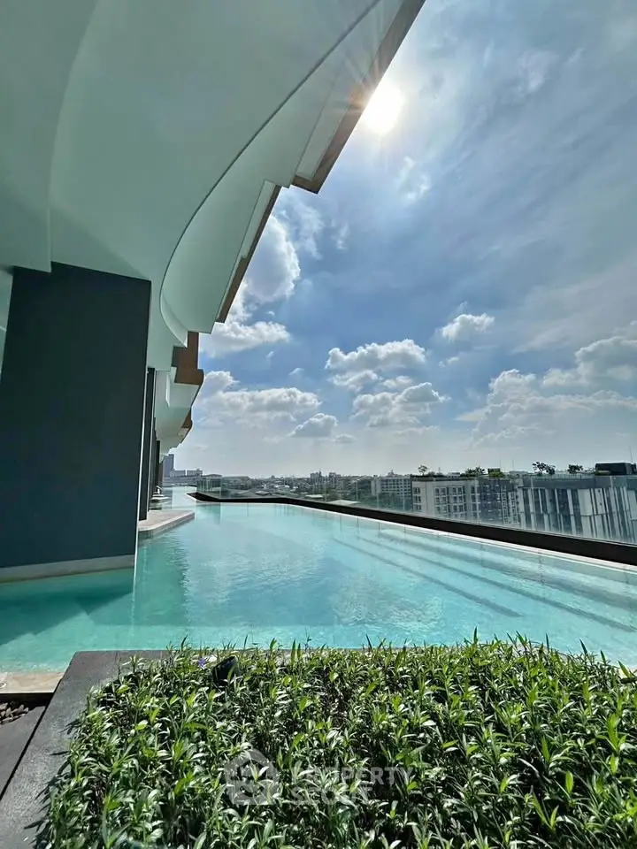 Luxurious rooftop pool with stunning city view under a clear blue sky.