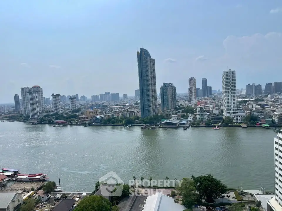 Stunning riverfront cityscape view with modern high-rise buildings and serene waterway.