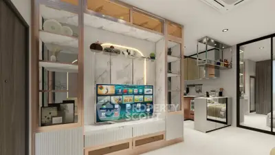 Modern living room with stylish entertainment center and open kitchen layout