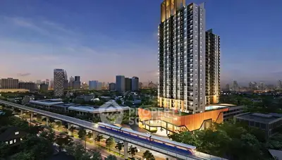 Stunning high-rise condominium with city skyline view and modern architecture.