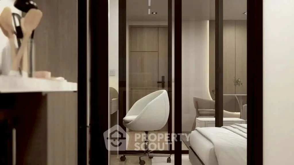 Modern home office with glass partitions and stylish furniture