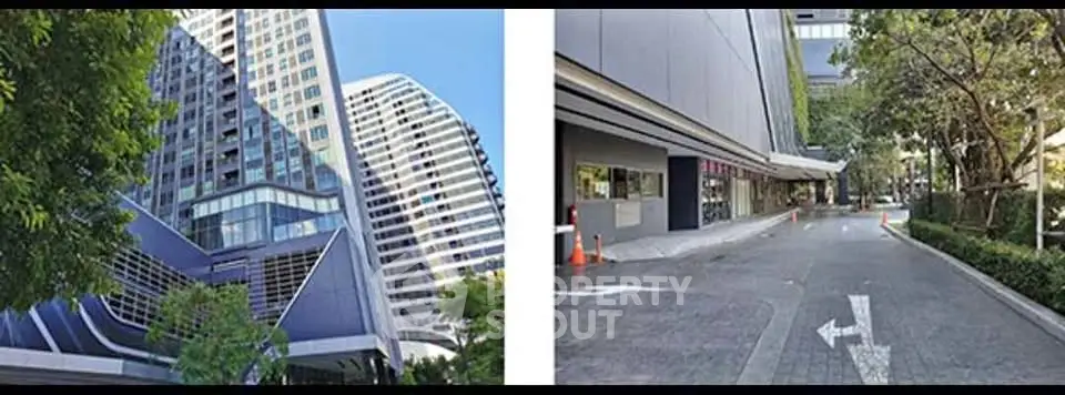 Modern architectural building with sleek design and lush greenery entrance