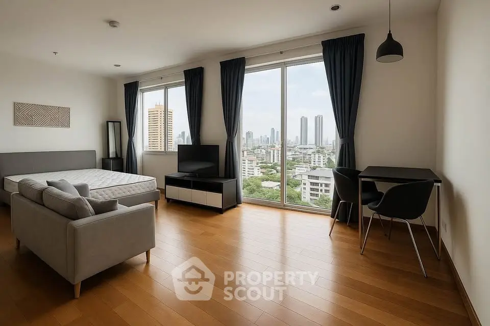 Spacious modern bedroom with city view, featuring a cozy sofa and stylish decor.