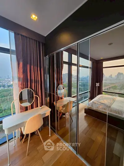Luxurious bedroom with stunning city view and elegant decor