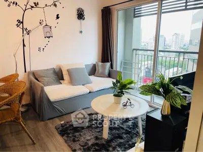 Charming living room with cozy sofa, stylish decor, and balcony view in modern apartment.
