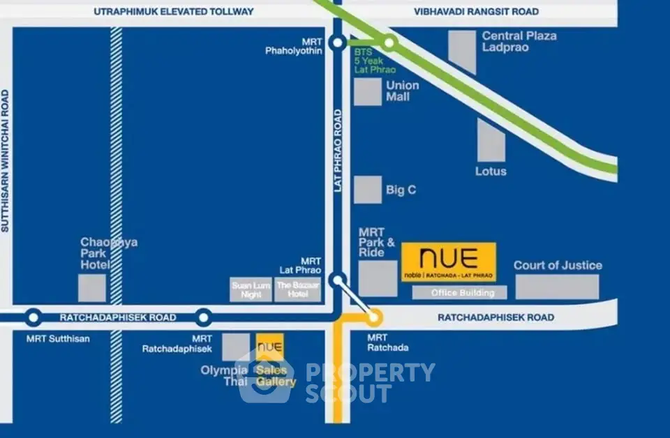 Map showing NUE condo location near MRT and major roads in Bangkok.
