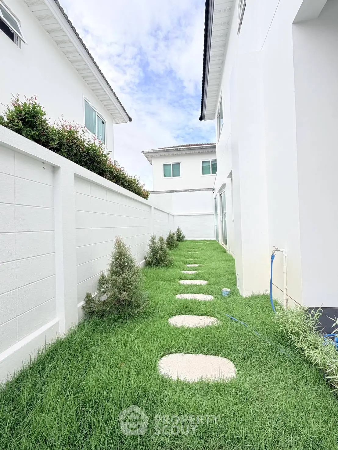 Charming side garden with stepping stones and lush greenery in modern residential area.