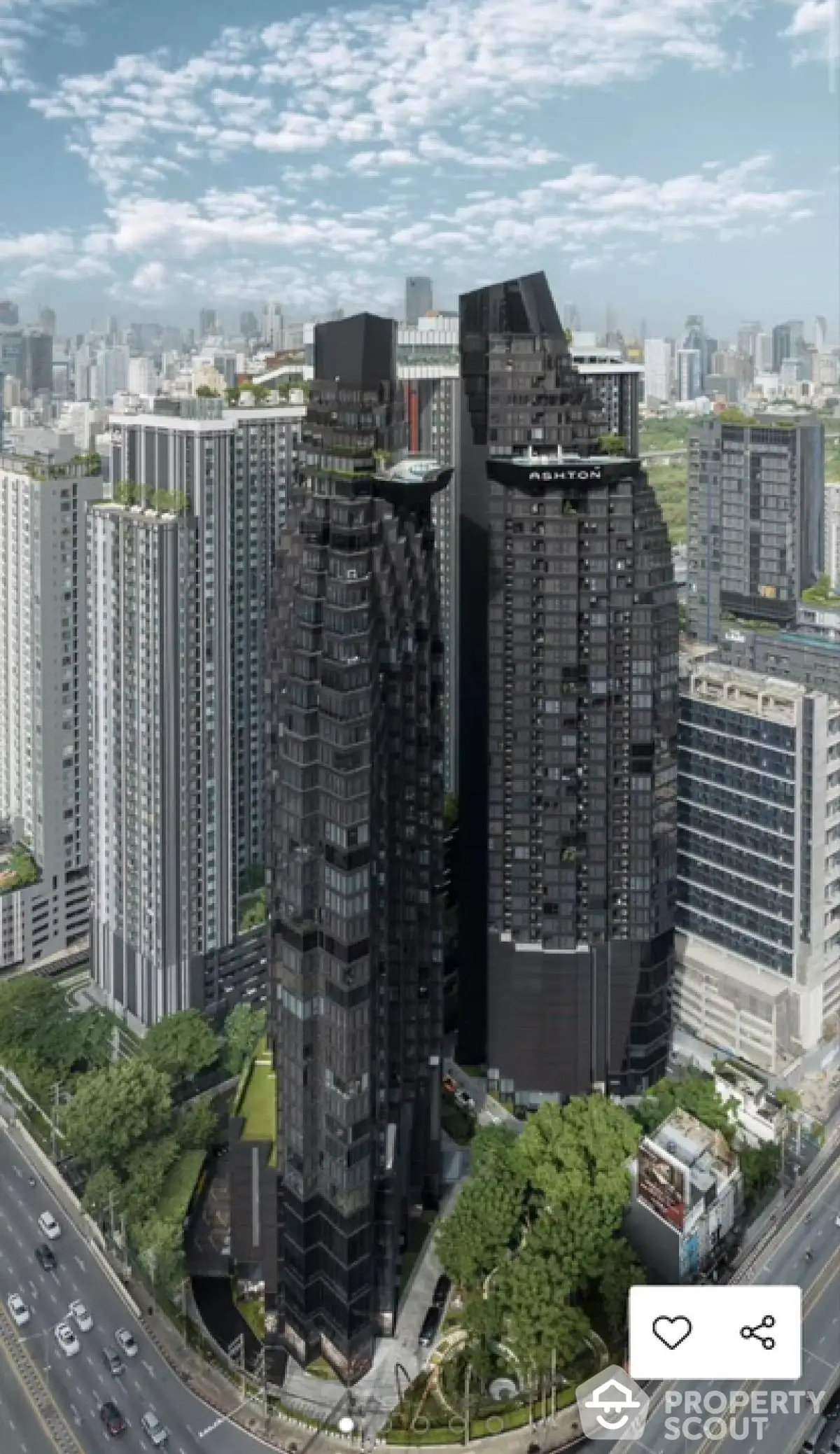 Stunning aerial view of modern high-rise buildings in a bustling cityscape.