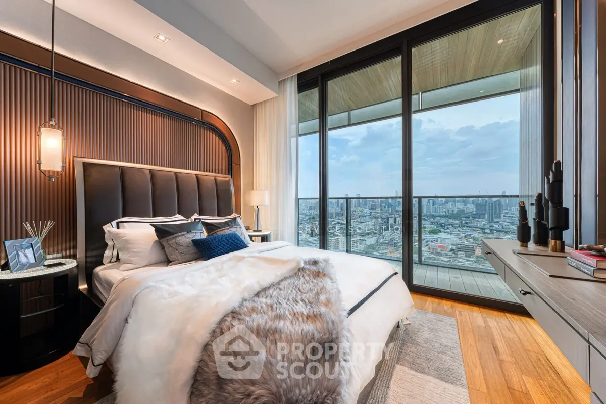 Luxurious bedroom with stunning city view and elegant decor