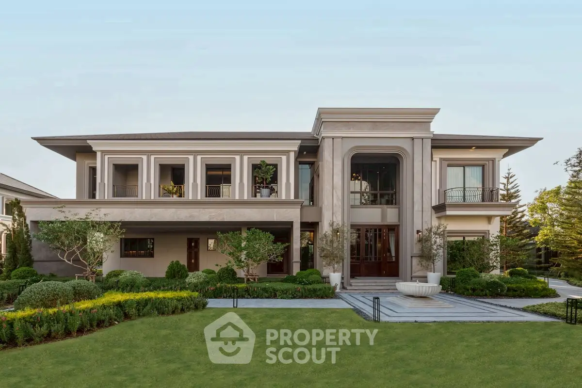 Luxurious modern mansion with elegant facade and lush landscaped garden