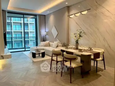 Luxurious modern living room with elegant dining area and large windows offering a stunning view.