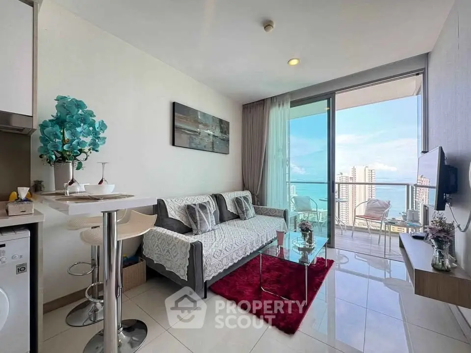 Modern living room with ocean view and stylish decor