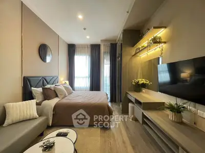 Modern bedroom with stylish decor and natural light