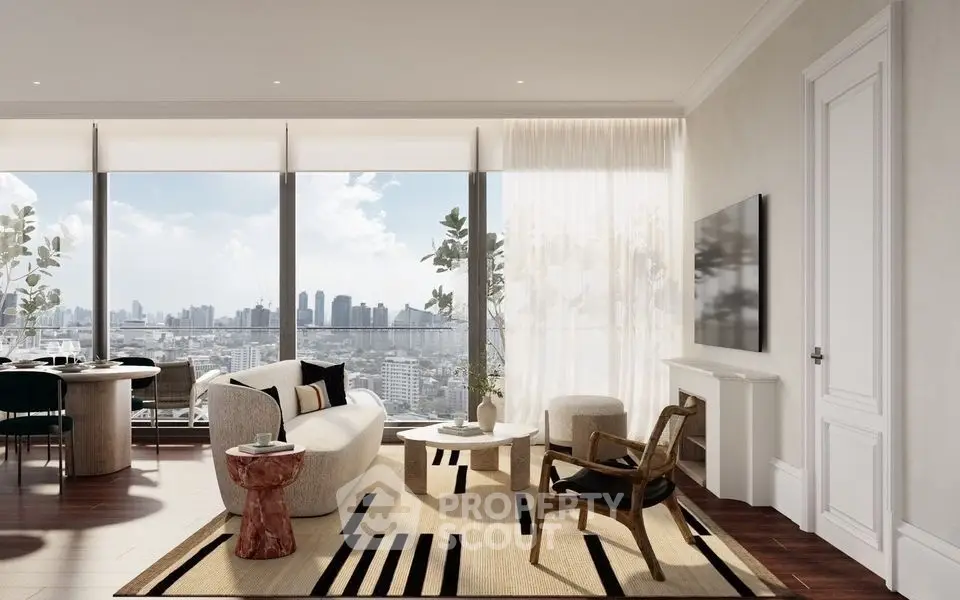 Luxurious living room with panoramic city view, elegant furniture, and modern decor.