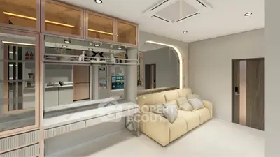 Modern living room with stylish decor and comfortable seating in a luxurious apartment.