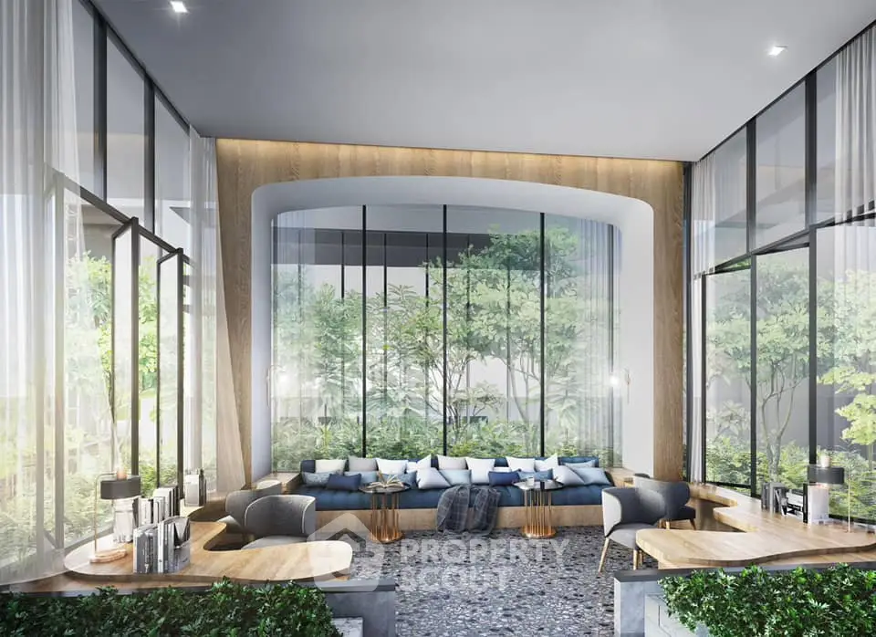 Luxurious modern living room with floor-to-ceiling windows and lush garden views.