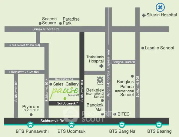 Map showing location of Pause Sukhumvit 107 with nearby landmarks and transportation routes.