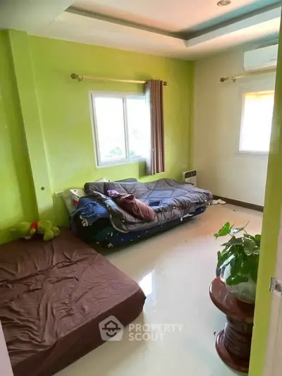Cozy bedroom with green walls and natural light, featuring two beds and a potted plant.