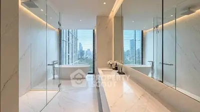 Luxurious modern bathroom with city view, featuring a sleek freestanding bathtub and elegant marble finishes.