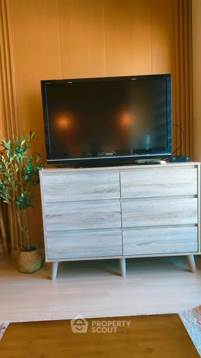 Modern living room with stylish TV stand and flat-screen TV, complemented by a decorative plant.