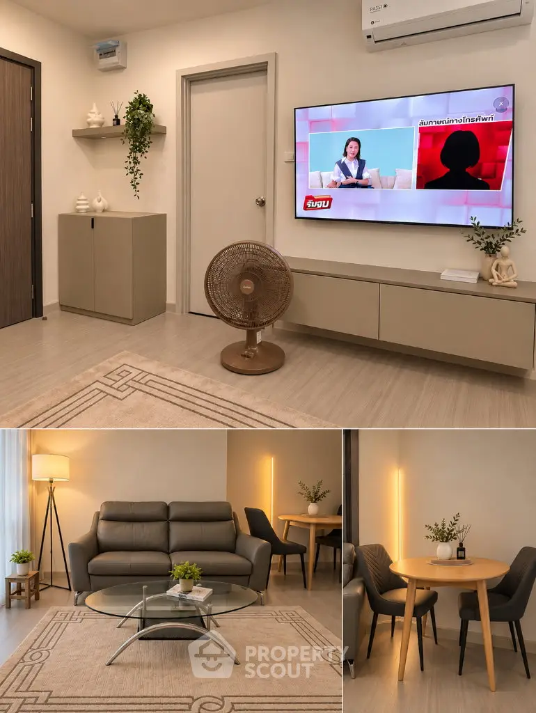 Modern living room with stylish furniture and wall-mounted TV in a cozy apartment.