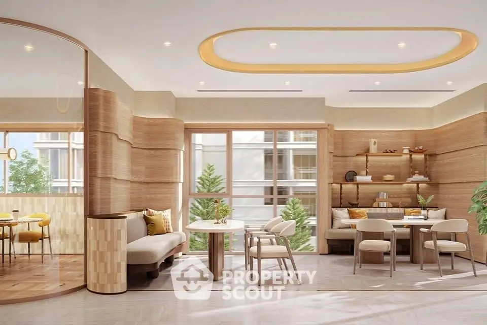 Luxurious modern living room with elegant wooden accents and large windows
