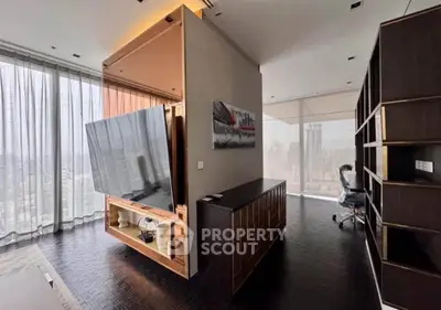 Luxurious modern living room with panoramic city views and stylish decor