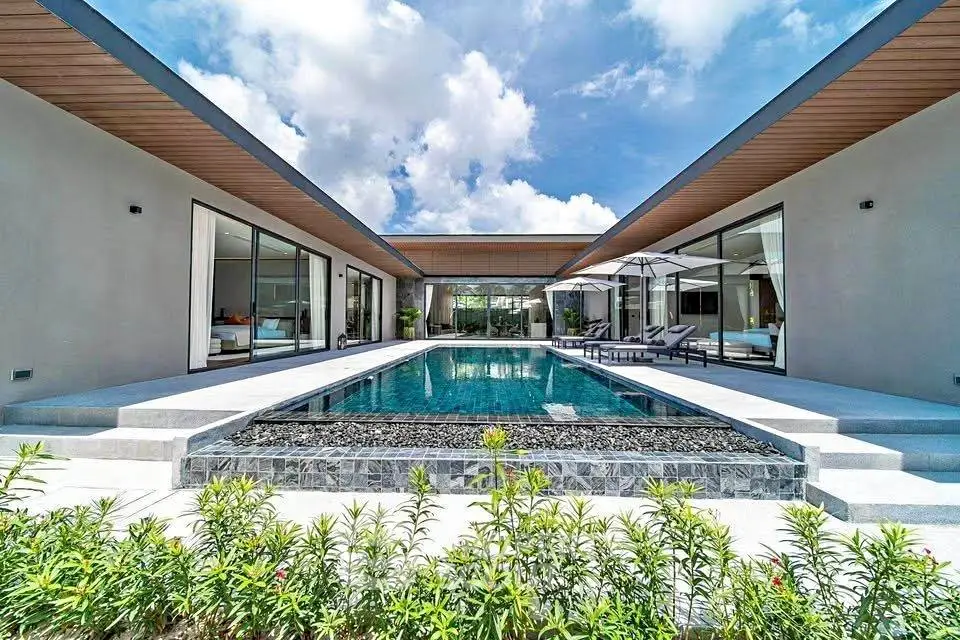Luxurious modern villa with private pool and stunning architecture under a clear blue sky.