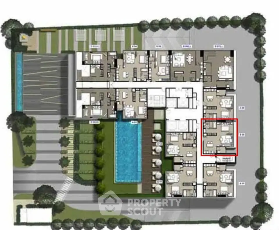 Detailed schematic plan of modern residential complex with pool and landscaped gardens.