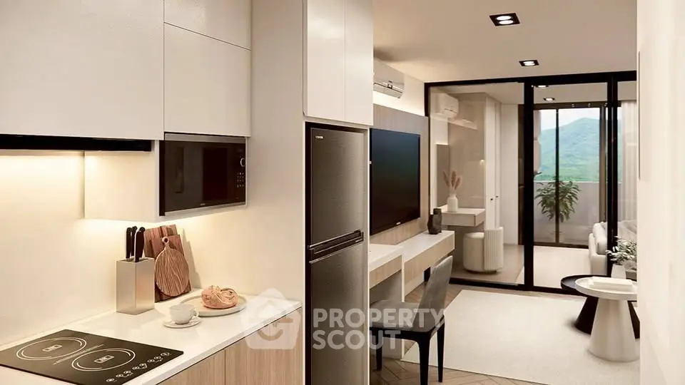 Modern kitchen and living area with sleek design and mountain view