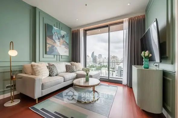 Luxurious living room with modern decor and stunning city view from large windows.