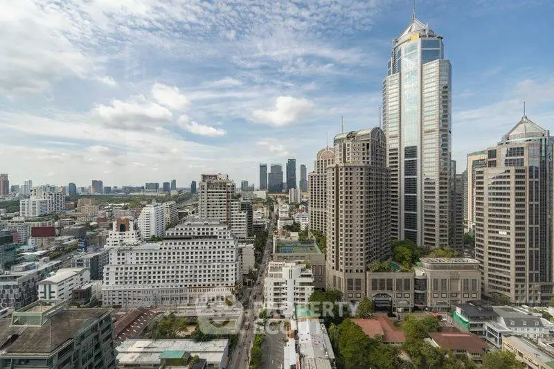 Stunning cityscape view showcasing modern skyscrapers and urban skyline under a clear blue sky.