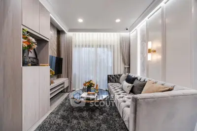 Elegantly designed living room with plush seating, modern decor, and ambient lighting, perfect for upscale urban living.