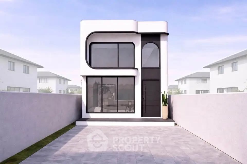 Modern minimalist two-story house with sleek design and large windows in a suburban setting.