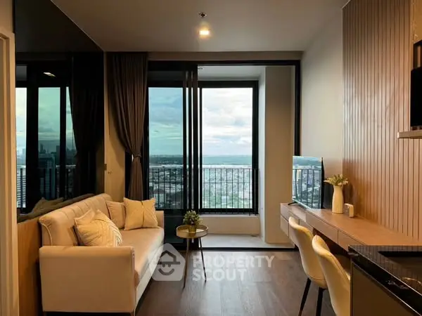 Modern living room with stunning city view and elegant decor
