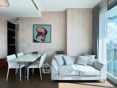 Modern living room with elegant dining area and city view balcony