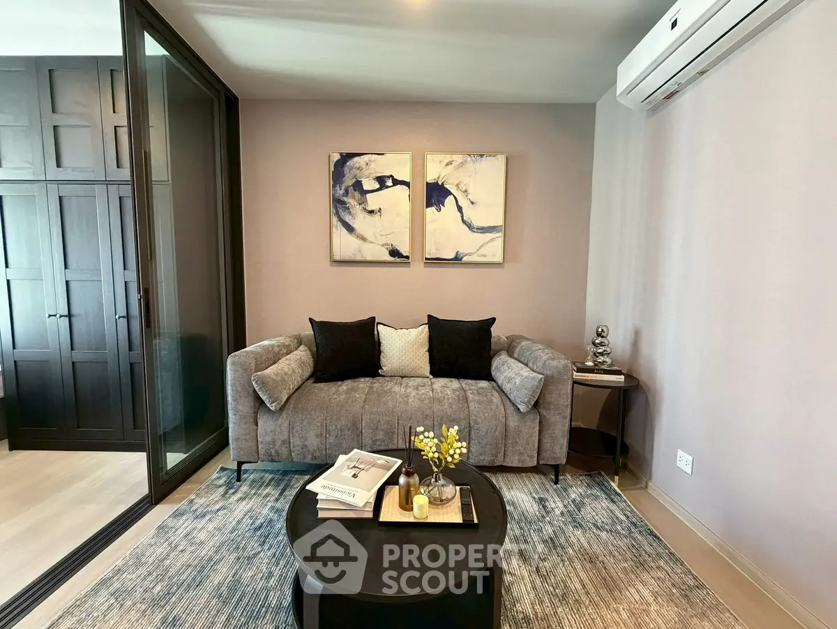 Modern living room with stylish decor and cozy seating area